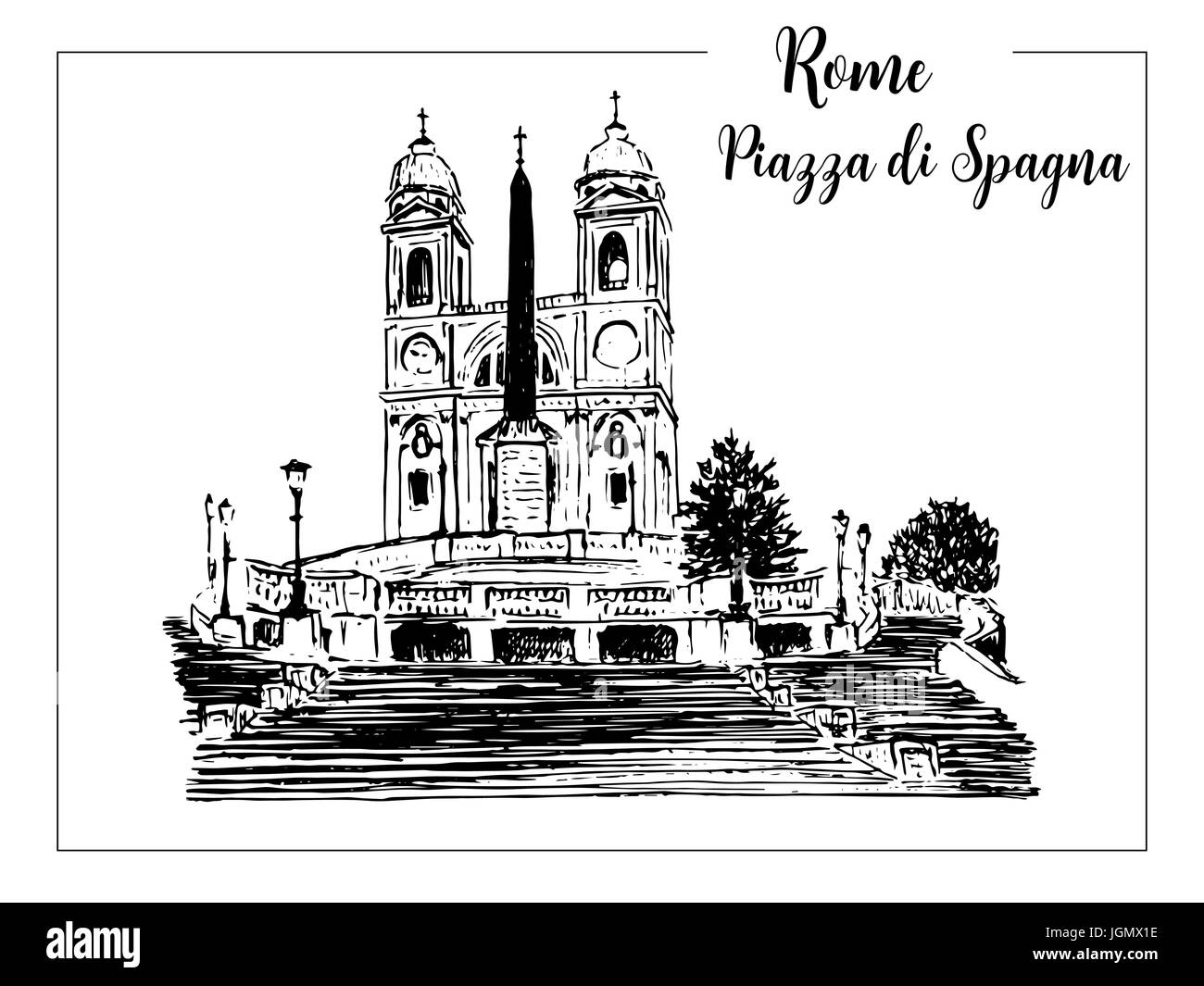 Piazza di Spagna und spanische Treppe. Rom architektonisches Symbol. Wunderschöne handgezeichnete Skizze Vektorgrafik. Italien. Für Drucke, Textil, Werbung Stock Vektor