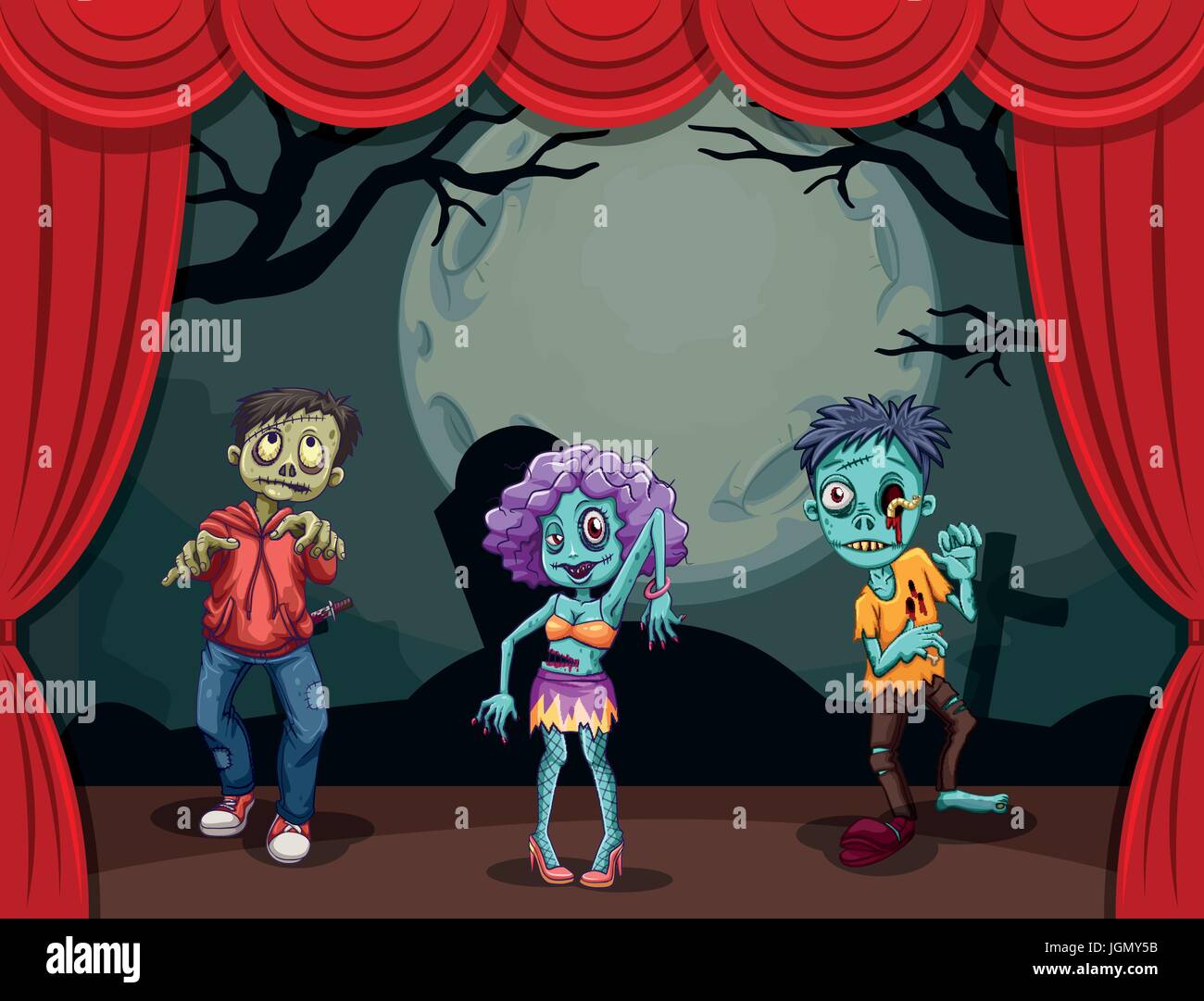 Drei Zombies auf Bühne illustration Stock Vektor