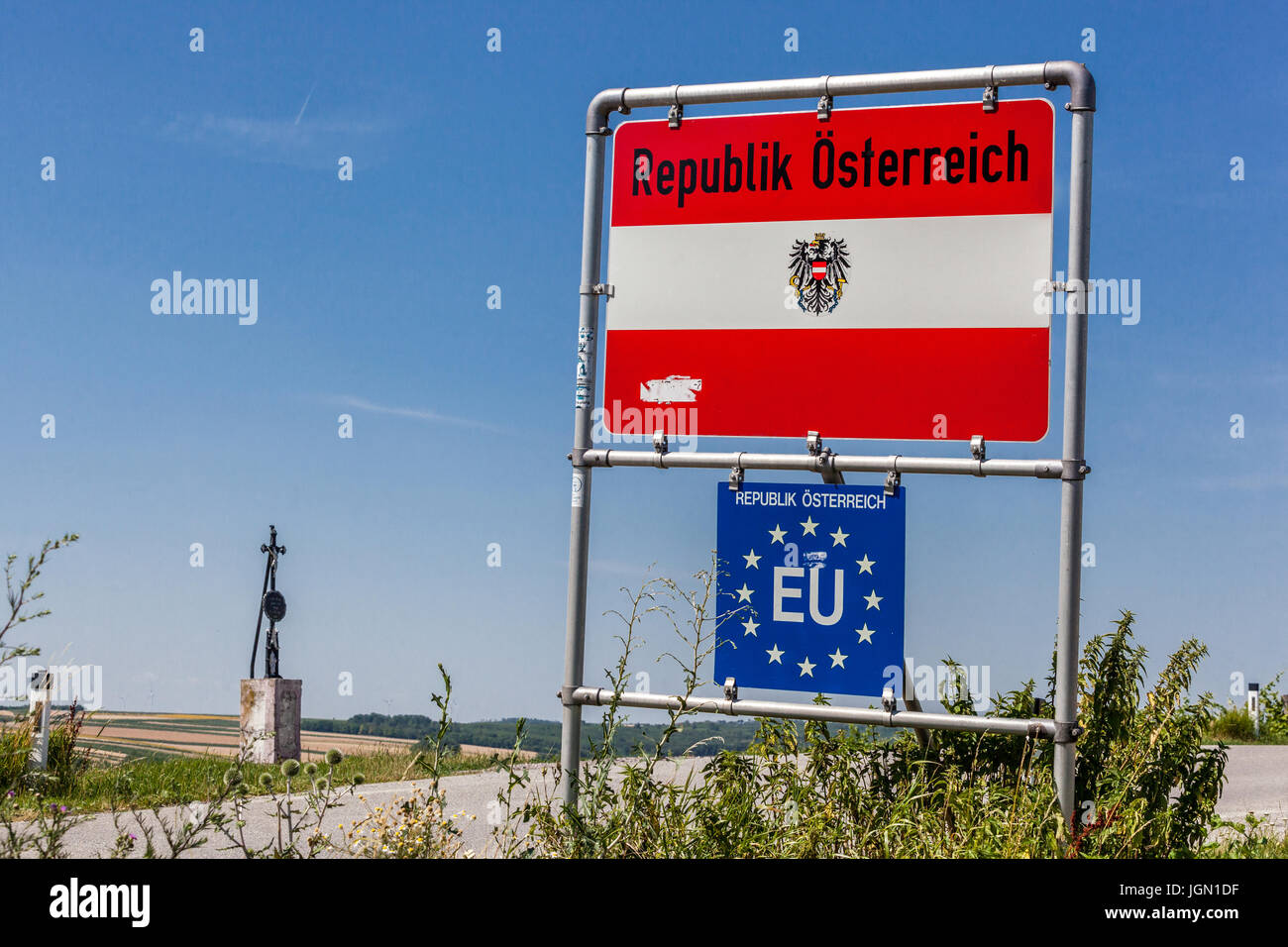 EU-Grenze zwischen Österreich und der Tschechischen Republik, Österreich, Europäische Union, Europa Stockfoto