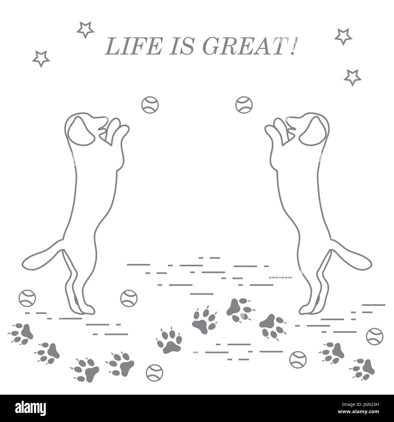 Spiel von Pet. Silhouetten Hunde springen, Tennisball auf Hintergrundspuren, Kugeln, Sterne. Stock Vektor