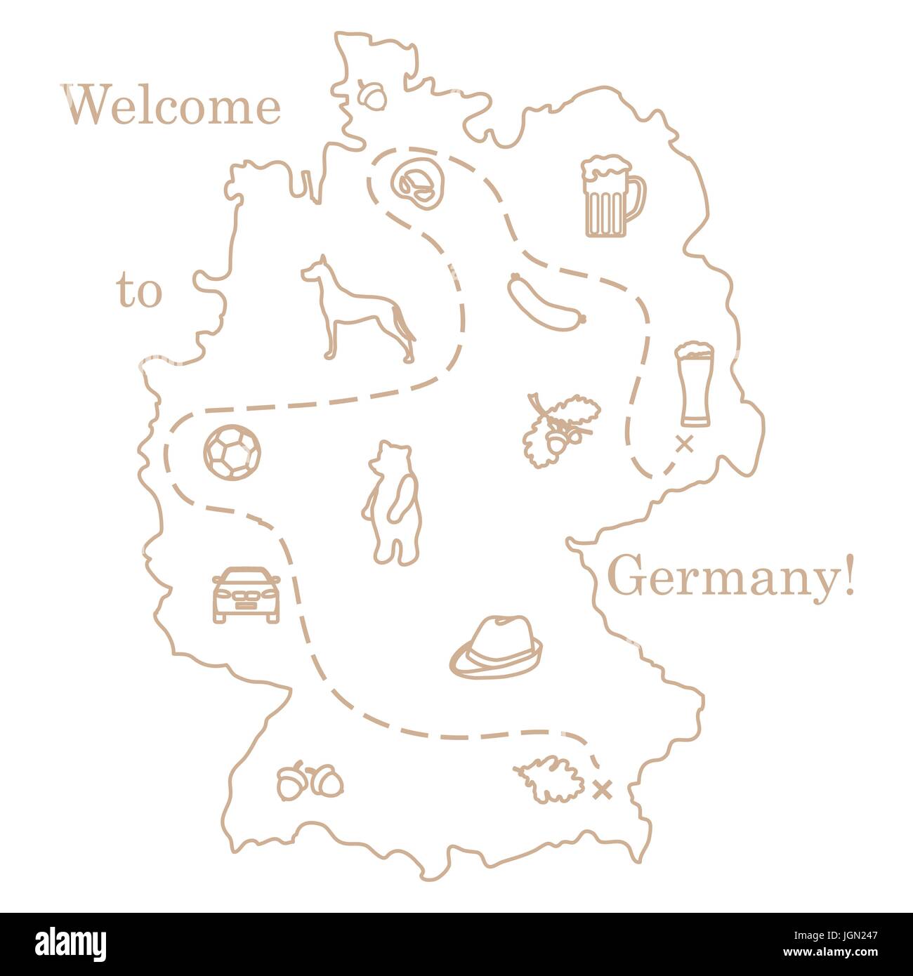 Vector Illustration mit verschiedenen Symbolen in Deutschland. Reisen und Freizeit. Design für Banner, Poster oder Drucken. Stock Vektor