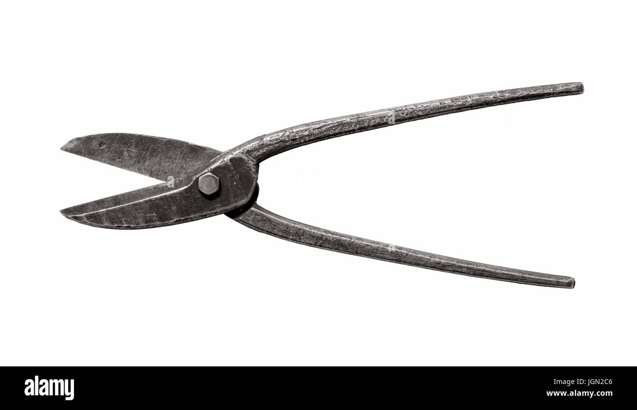Isolierte Objekte: alte schmuddeligen Schere für Metall auf weißem Hintergrund Stockfoto