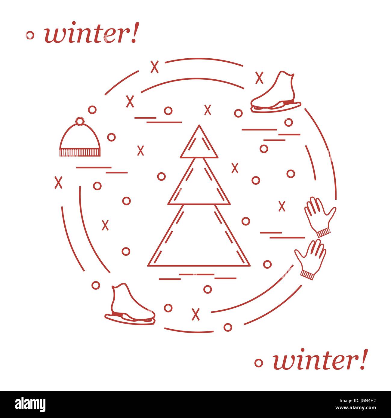 Vektor-Illustration für Sportarten Eiskunstlauf in einem Kreis angeordnet. Einschließlich der Symbole Schlittschuhe, Handschuhe, Hut, Fichte. Winter-Elementen in Linienstil aus Stock Vektor