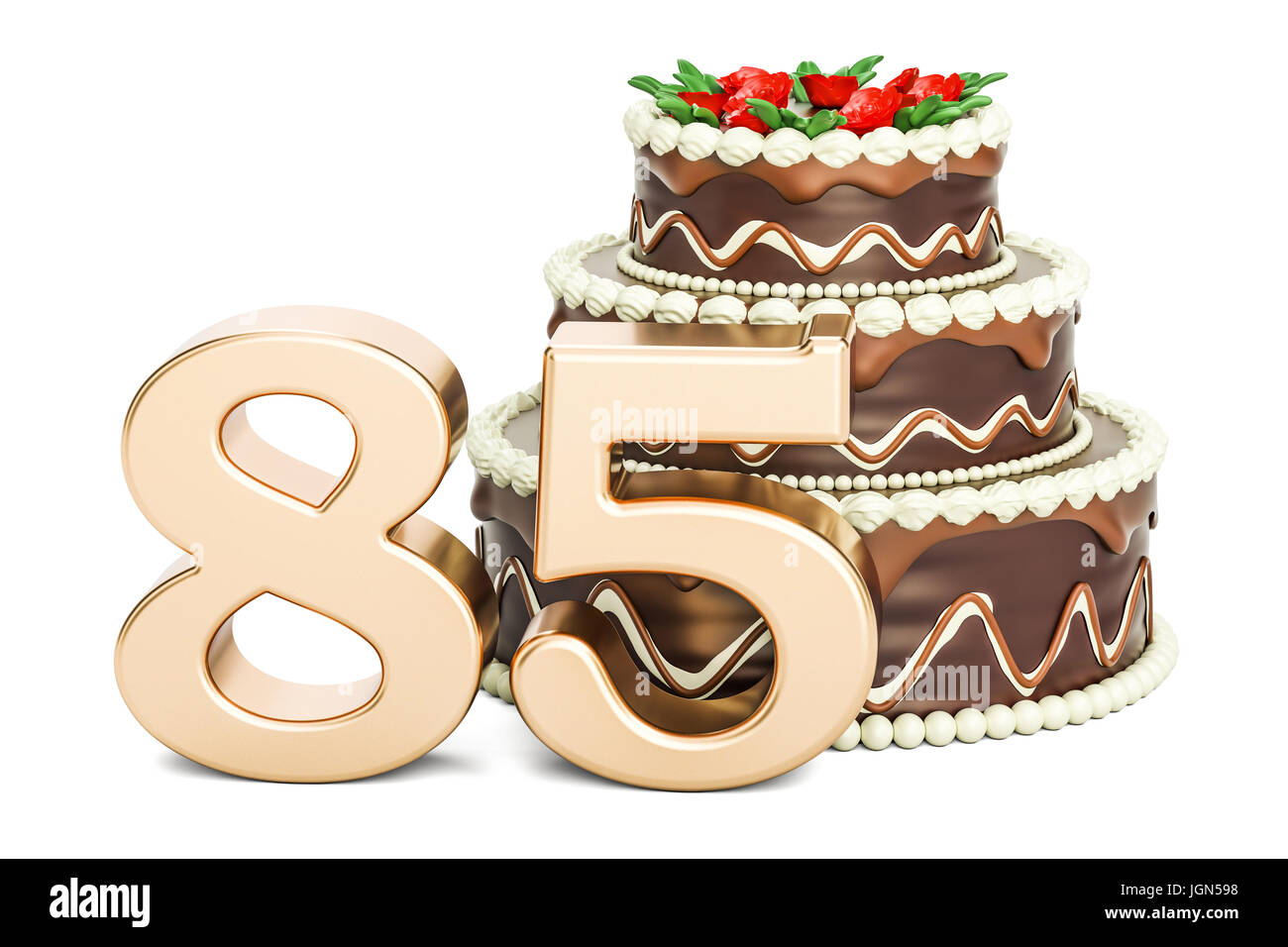 Geburtstag-Schokoladenkuchen mit Goldene Zahl 85, 3D-Rendering isolierten auf weißen Hintergrund Stockfoto Geburtstag-Schokoladenkuchen mit Goldene Zahl 85, 3D-Rendering isolierten auf weißen Hintergrund Stockfoto