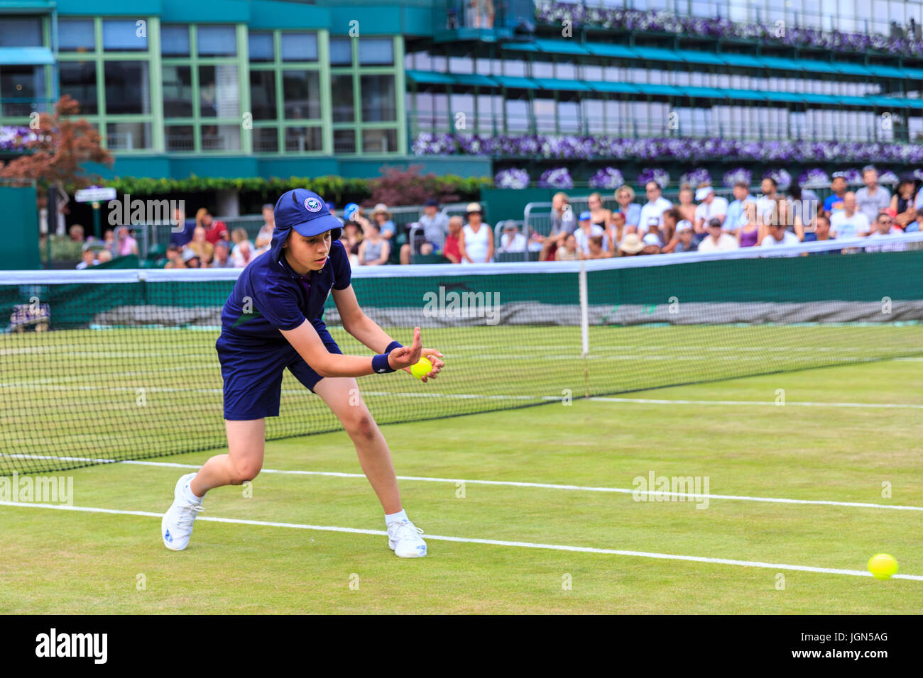 Ein Wimbledon-Balljunge wirft einen Ball an den Wimbledon Tennis  Weltmeisterschaften 2017, All England Lawn Tennis and Croquet Club, London,  UK Stockfotografie - Alamy
