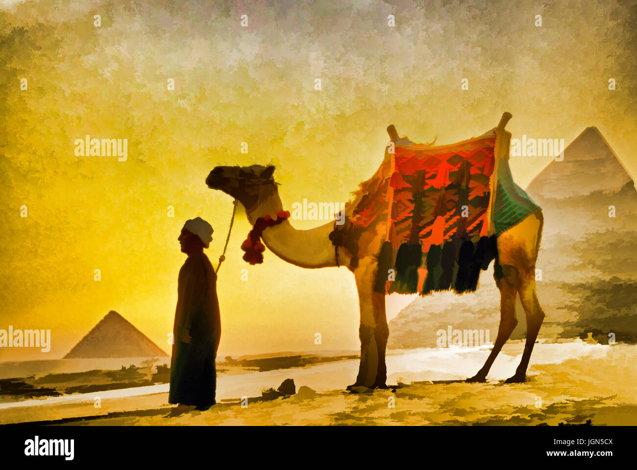 Mann mit Kamele bei der großen Pyramide von Gizeh bei Sonnenuntergang. --Digitale Fotokunst, Malerei Stockfoto