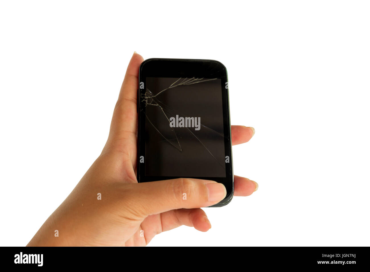 Zerbrochenen Bildschirm eines Smartphones auf einem weißen Hintergrund. Stockfoto