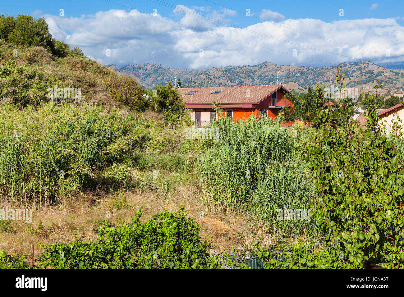 Reisen Sie nach Sizilien, Italien - Ferienhaus in verwilderten Garten in Giardini Naxos-Stadt im Sommer Stockfoto