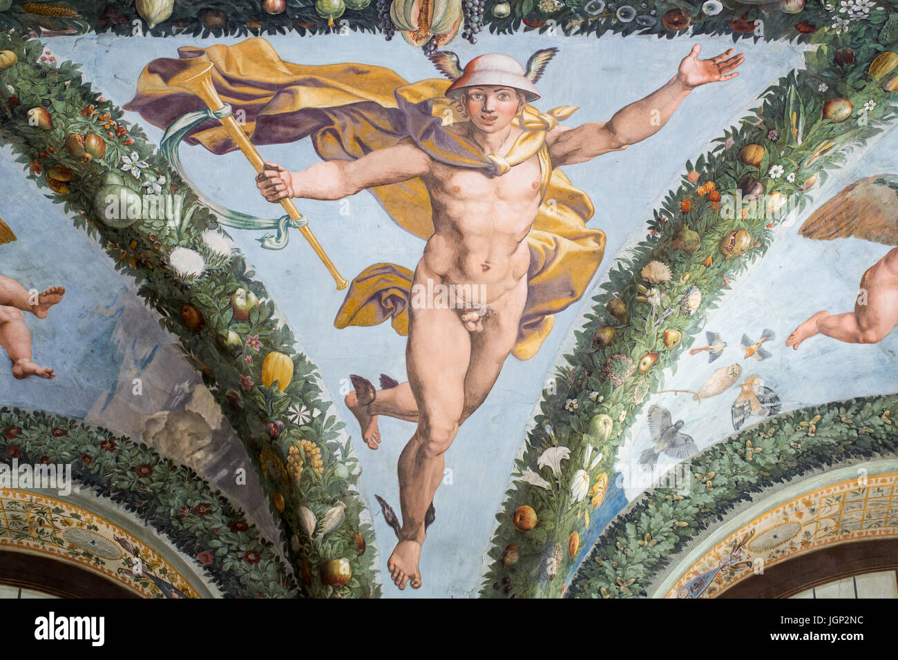 Quecksilber, Loggia von Amor auf Psyche, Fresko von Giulio Romano, Villa Farnesina, Rom, Italien Stockfoto