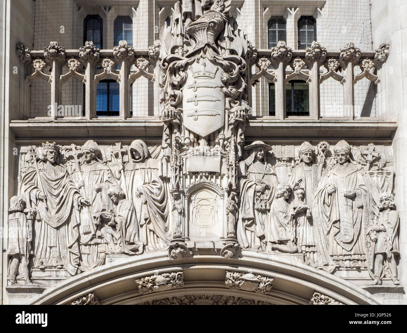 Tür Skulpturen der Palast von Westminster, London, England, Vereinigtes Königreich Stockfoto