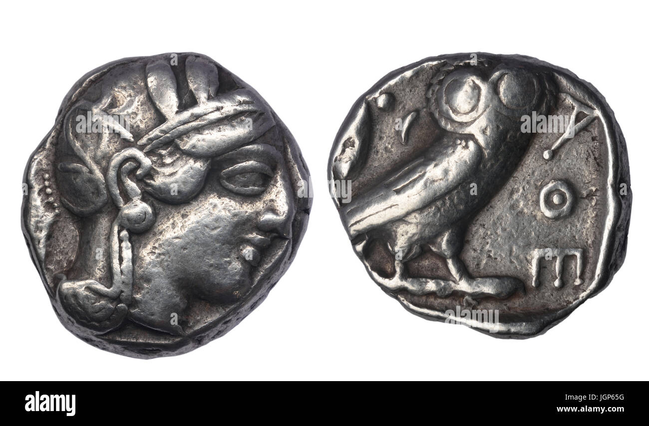 Tetradrachme von Athen, IV Jahrhundert BC Vorderseite: Kopf der Pallas Athene umkehren: Eule und Legende Adie (Athen) Stockfoto