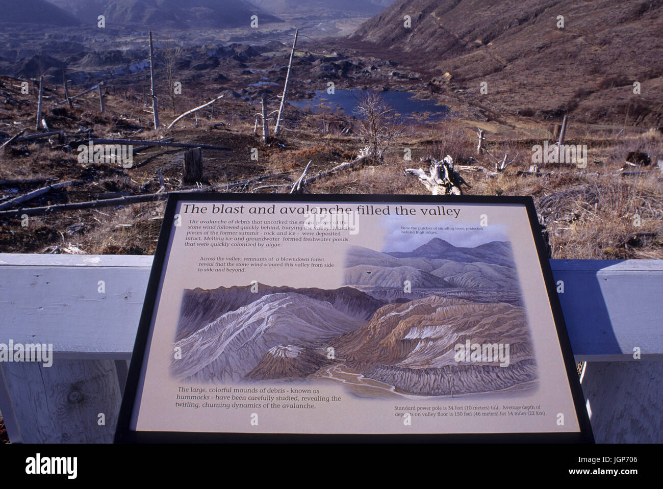 Interpretierende Zeichen auf Lehrpfad am Coldwater Visitor Center, Mt. St. Helens National Volcanic Monument, Washington Stockfoto