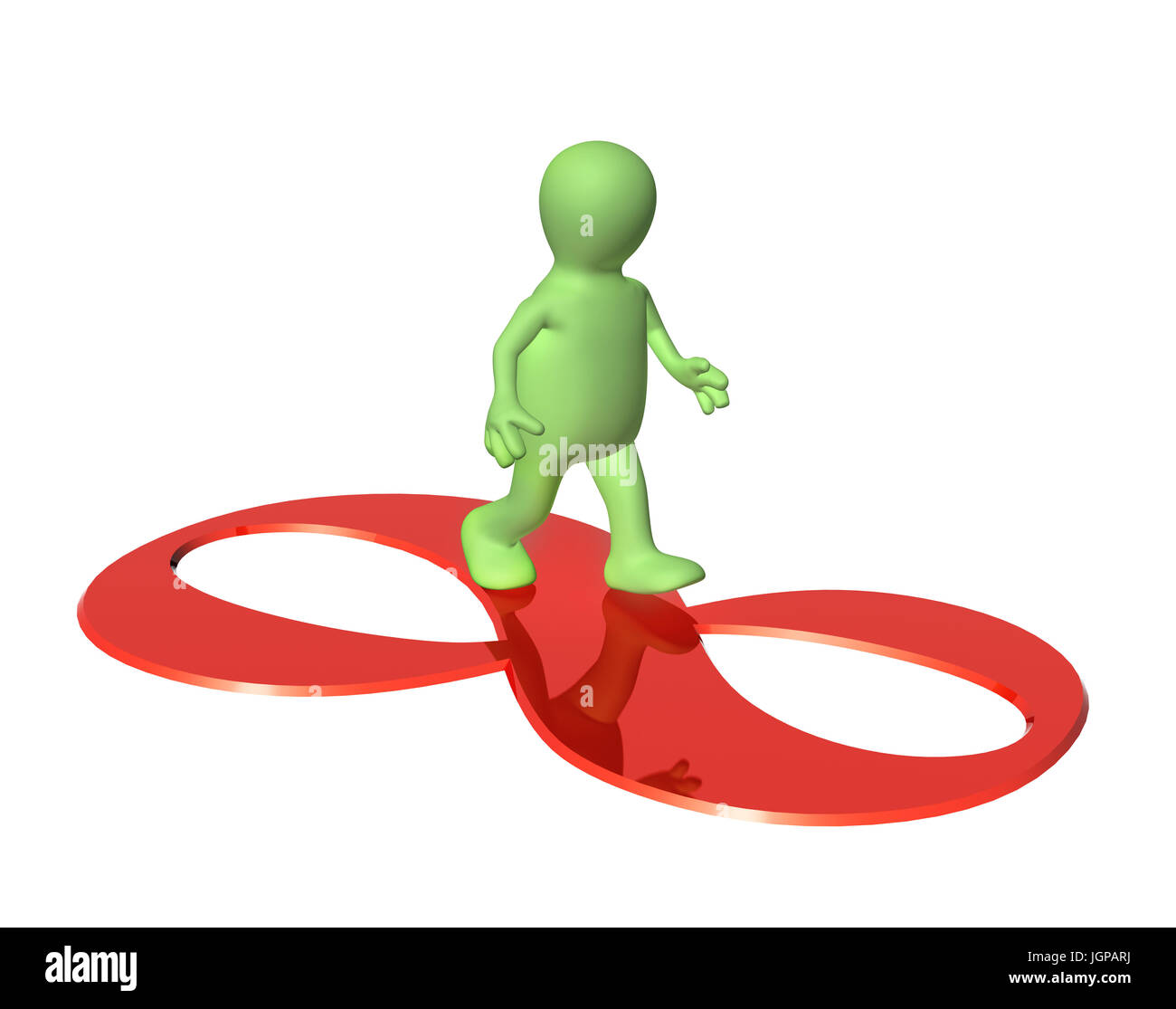 3D Mann der grünen Farbe geht auf ein Zeichen unendlich von roter Farbe. Isoliert auf weißem Hintergrund. 3D render Stockfoto