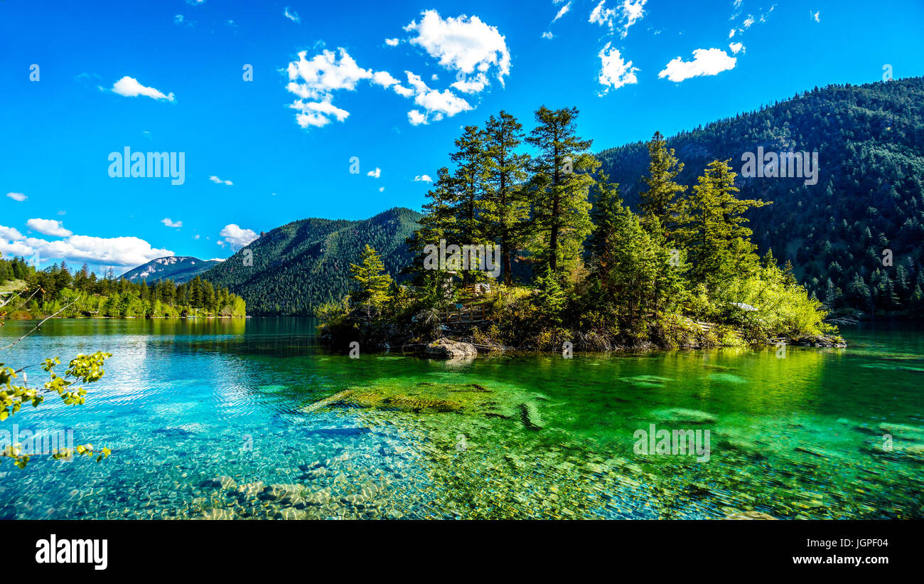 Kleine Insel in der Mitte das kristallklare Wasser des Pavillon See in Marble Canyon Provincial Park, Britisch-Kolumbien Stockfoto