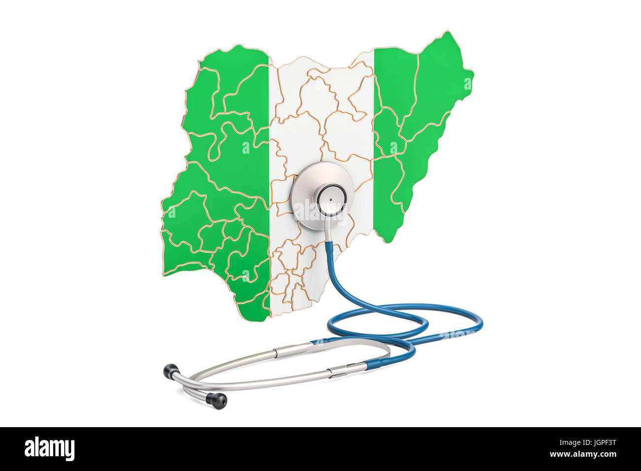 Nigerianische Karte mit Stethoskop, nationalen Gesundheits-Konzept, 3D-Rendering Stockfoto