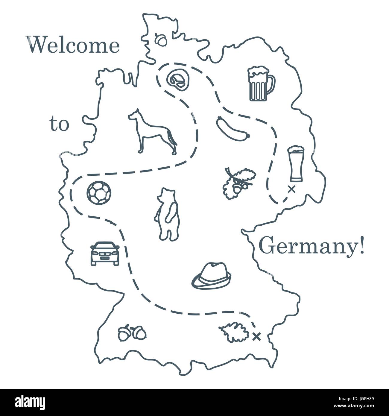 Vector Illustration mit verschiedenen Symbolen in Deutschland. Reisen und Freizeit. Design für Banner, Poster oder Drucken. Stock Vektor