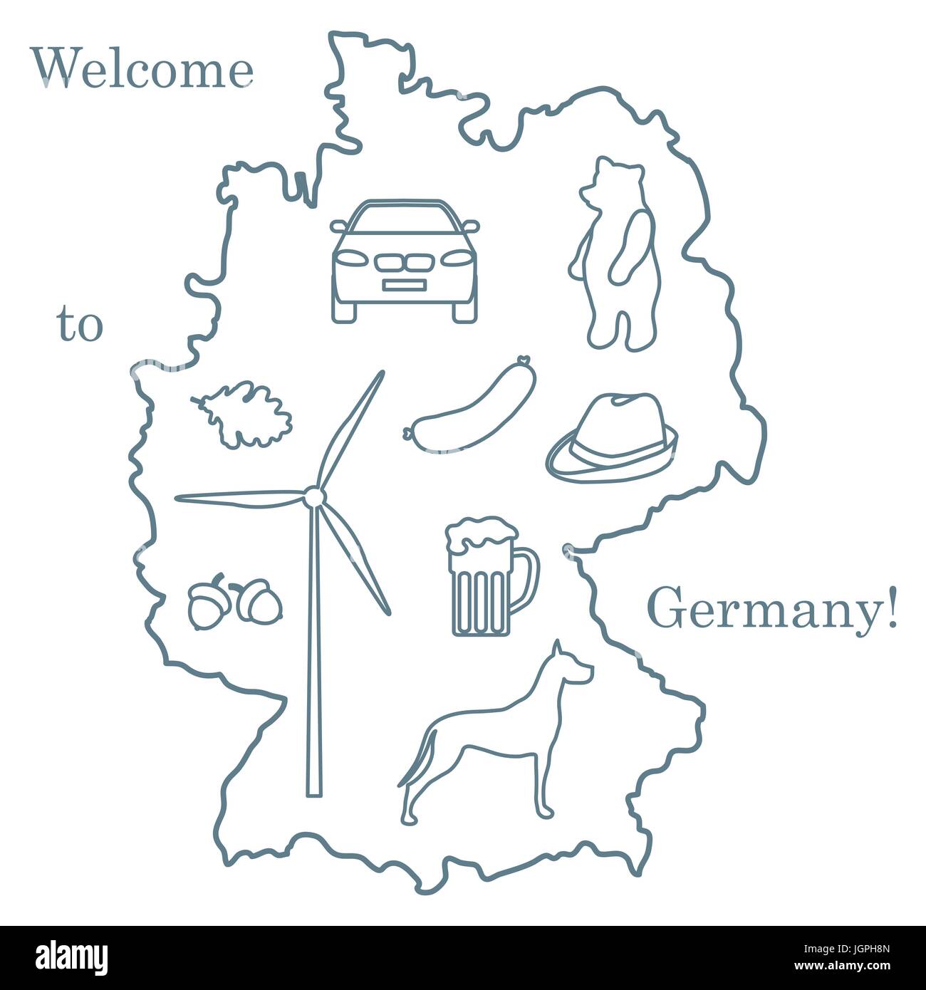 Vector Illustration mit verschiedenen Symbolen in Deutschland. Reisen und Freizeit. Design für Banner, Poster oder Drucken. Stock Vektor