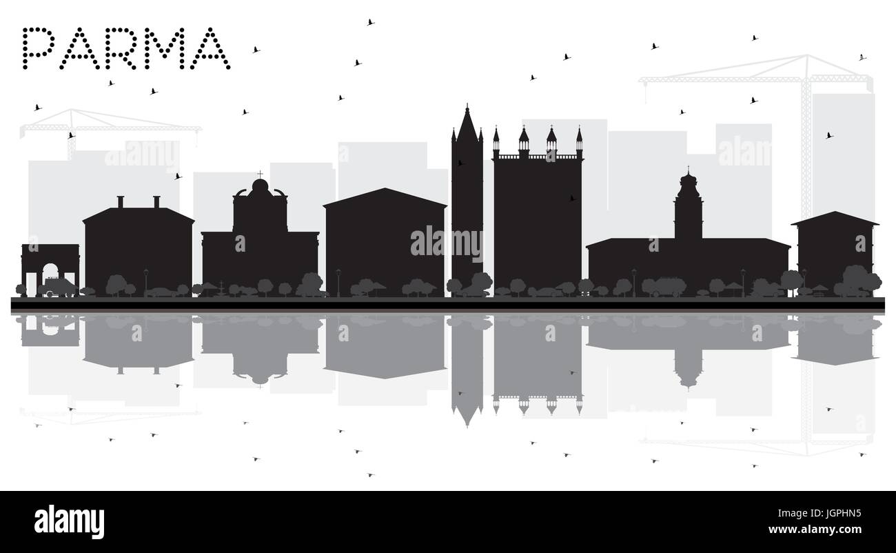 Parma Skyline der Stadt schwarze und weiße Silhouette mit Reflexionen. Vector Illustration. Stadtbild mit Sehenswürdigkeiten. Stock Vektor