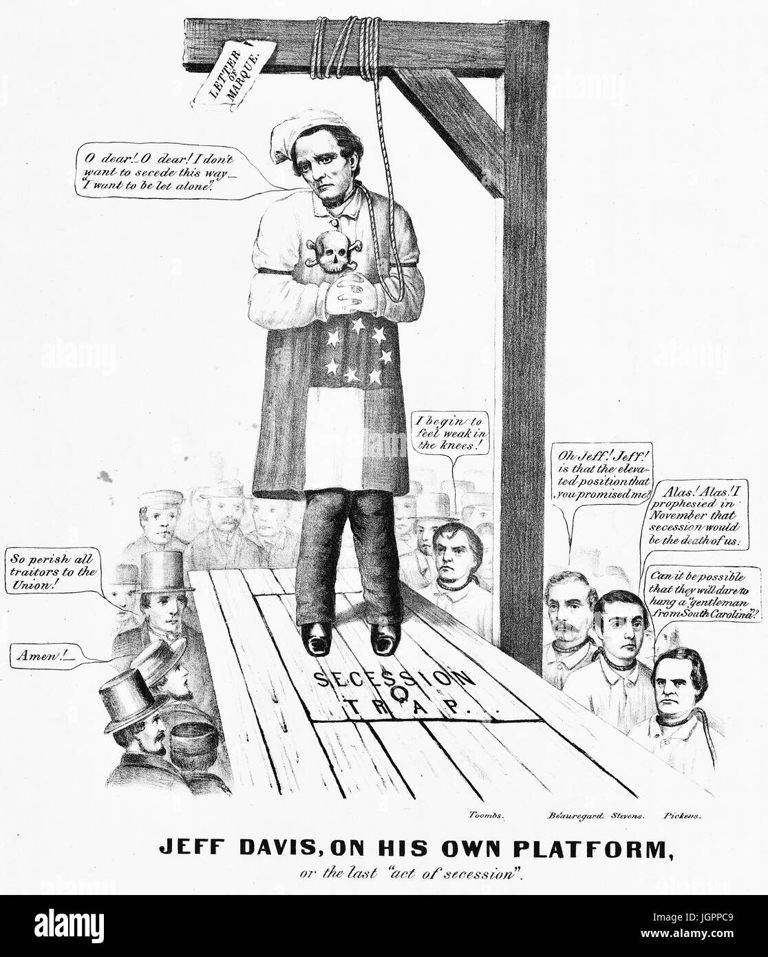 JEFFERSON DAVIS (1808 – 1889) A Currier & Ives Gravur von 1861 umfasst vier wichtige Eidgenossen auf der rechten Seite wartet auf ein ähnliches Schicksal. Stockfoto