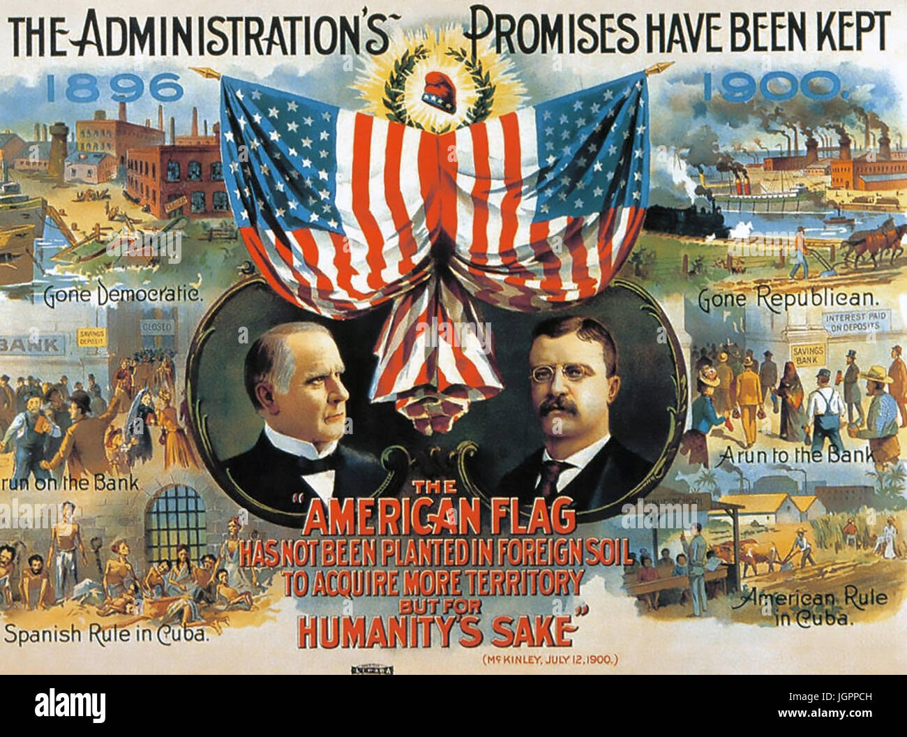 AMERIKANISCHE 1900 Präsidentschaftswahlen republikanischen Poster mit Präsident William McKinley links und seinem Vize-Präsidentschaftskandidat Theodore Roosevelt. Die Seite Bilder kontrastieren die Auswirkungen der demokratischen und republikanischen Verwaltungen. Stockfoto