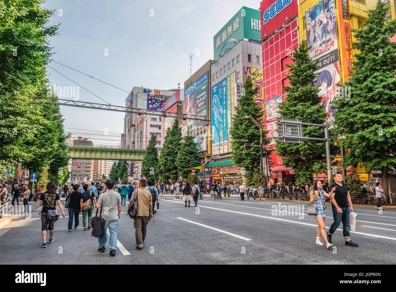 Touristen und Einheimische gehen an einem verkehrsfreien Sonntag über die Chuo-Dori Einkaufsstraße in der Akihabara Electric Town, Tokio, Japan Stockfoto
