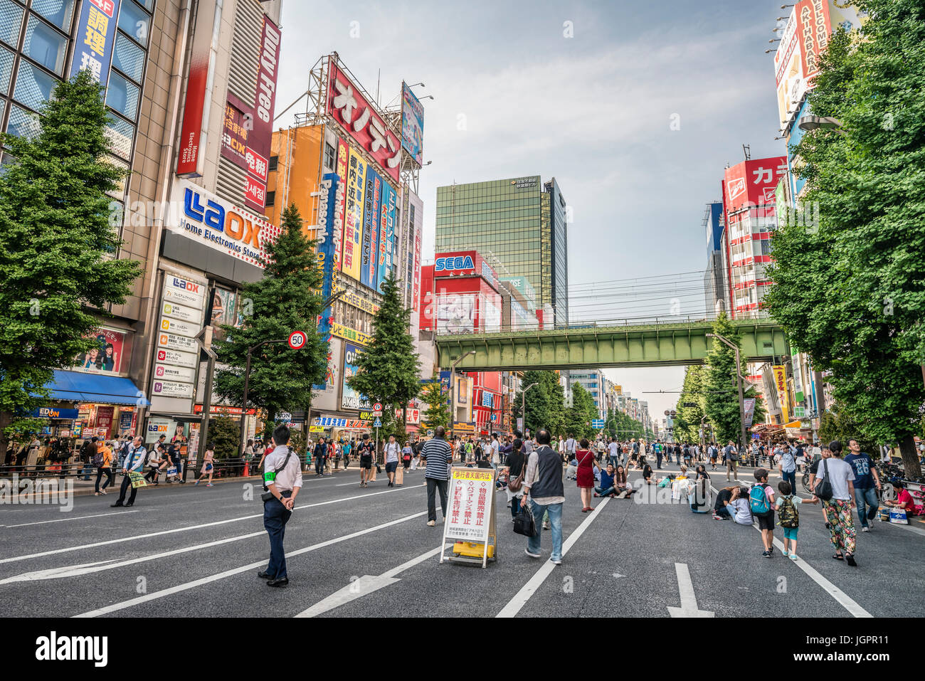 Touristen und Einheimische gehen an einem verkehrsfreien Sonntag über die Chuo-Dori Einkaufsstraße in der Akihabara Electric Town, Tokio, Japan Stockfoto