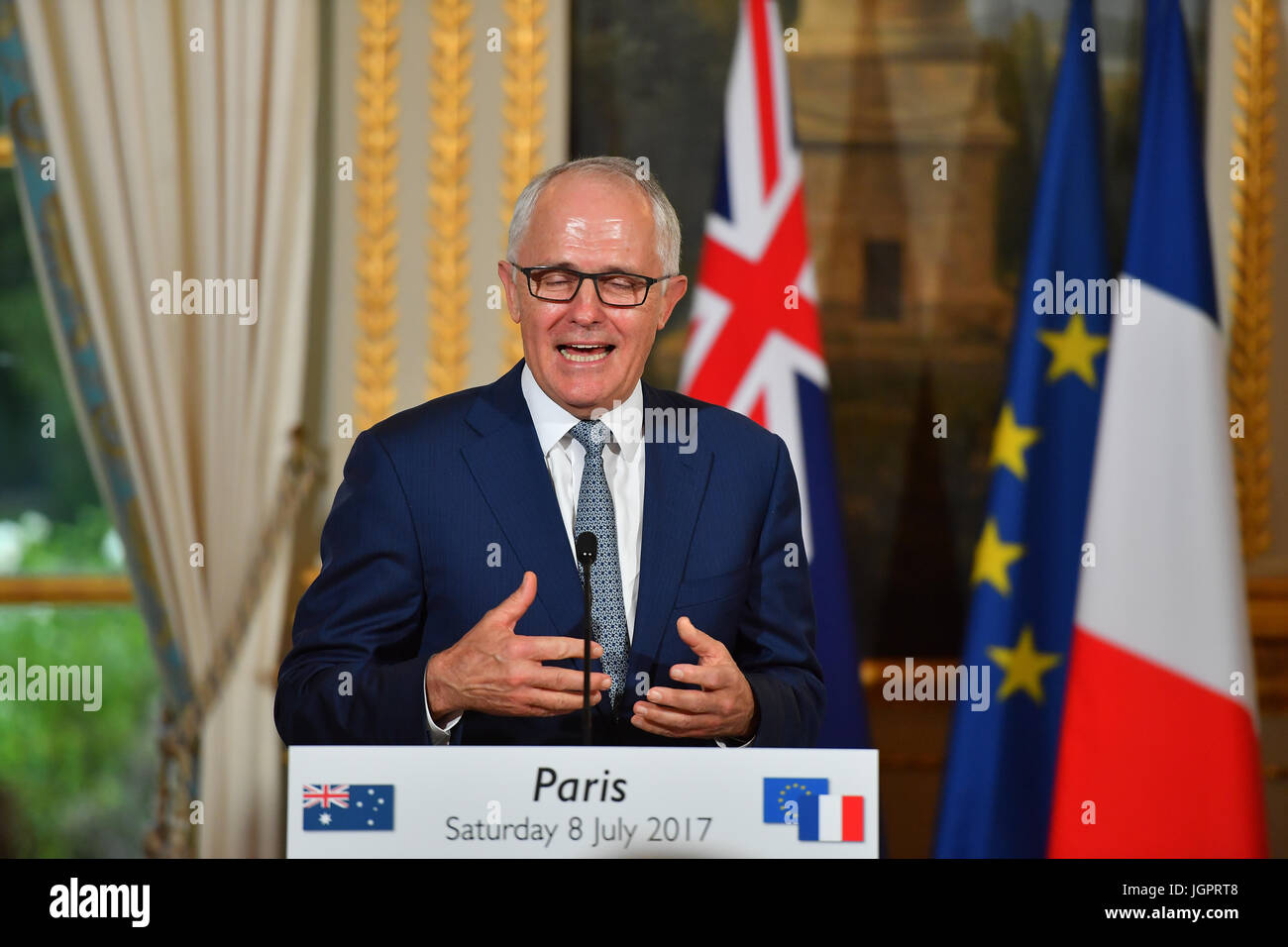 Paris, Frankreich. 8. Juli 2017. Der französische Präsident Emmanuel Macron und australische Premierminister Malcolm Turnbull in einer Pressekonferenz im Elysée-Palast in Paris, Samstag, 8. Juli 2017 Credit: Francois Pauletto/Alamy Live-Nachrichten Stockfoto