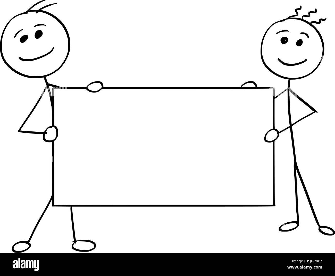 Cartoon Vector Stick Mann Stickman Zeichnung von zwei lächelnde Männer mit einem großen leeren Schild. Stock Vektor