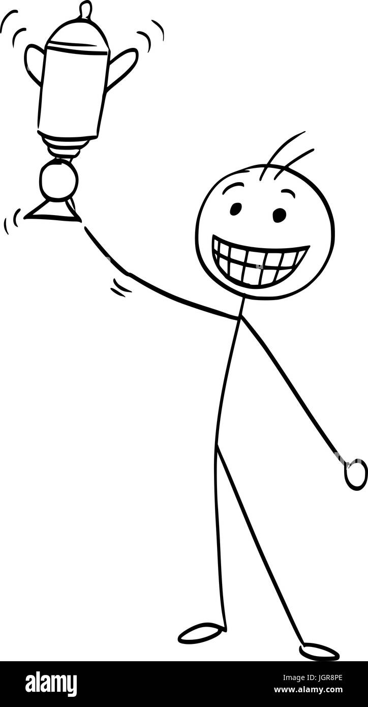 Cartoon Vector Stick Mann Stickman Zeichnung glücklicher Mensch mit großen Lächeln hält einen gewinnende Pokal. Stock Vektor