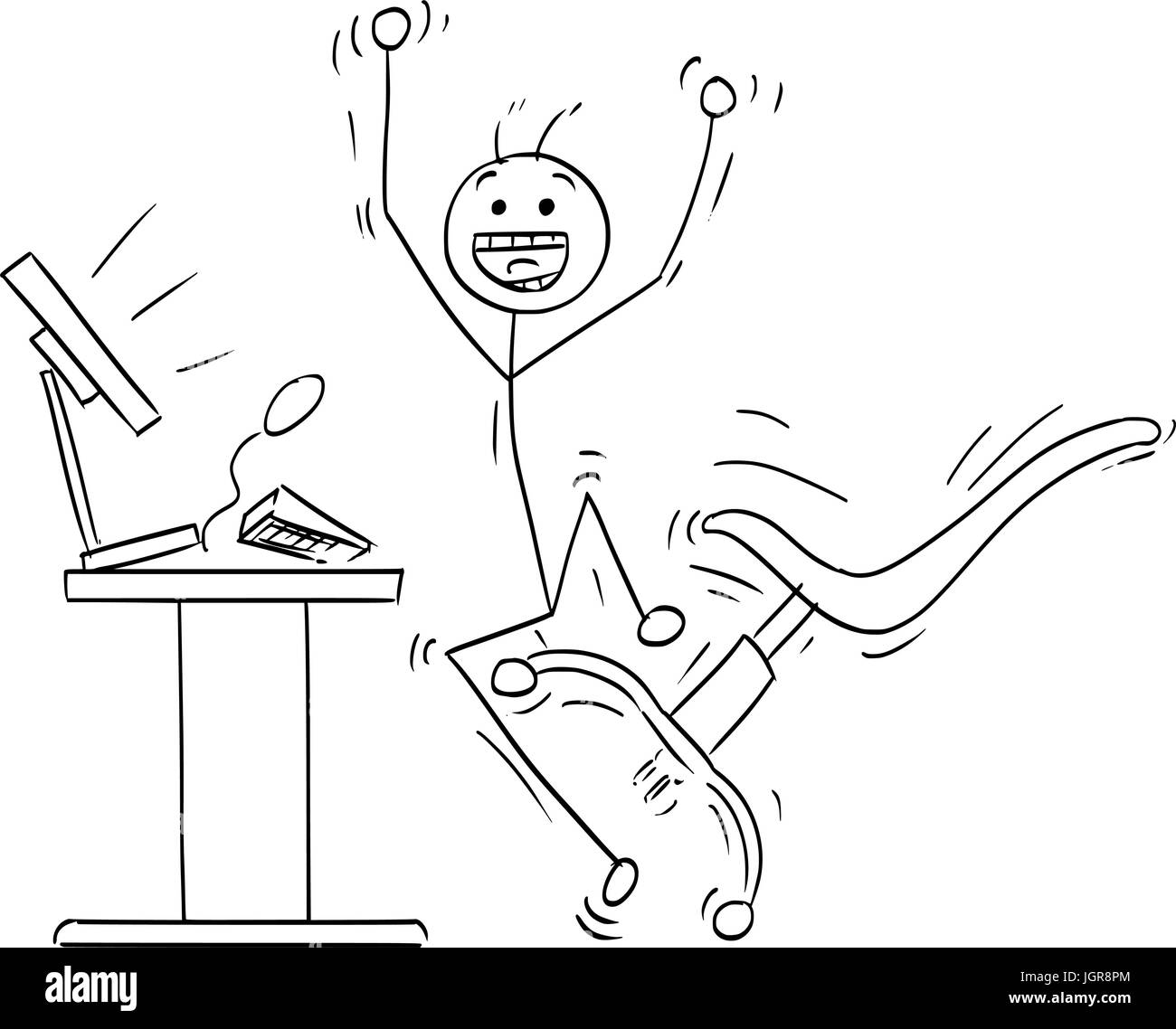 Cartoon Vector Stick Mann Stickman Zeichnung der glücklicher Mann vor dem Desktopcomputer zu springen, um einen Erfolg zu feiern. Bürostuhl, Tastatur und di Stock Vektor