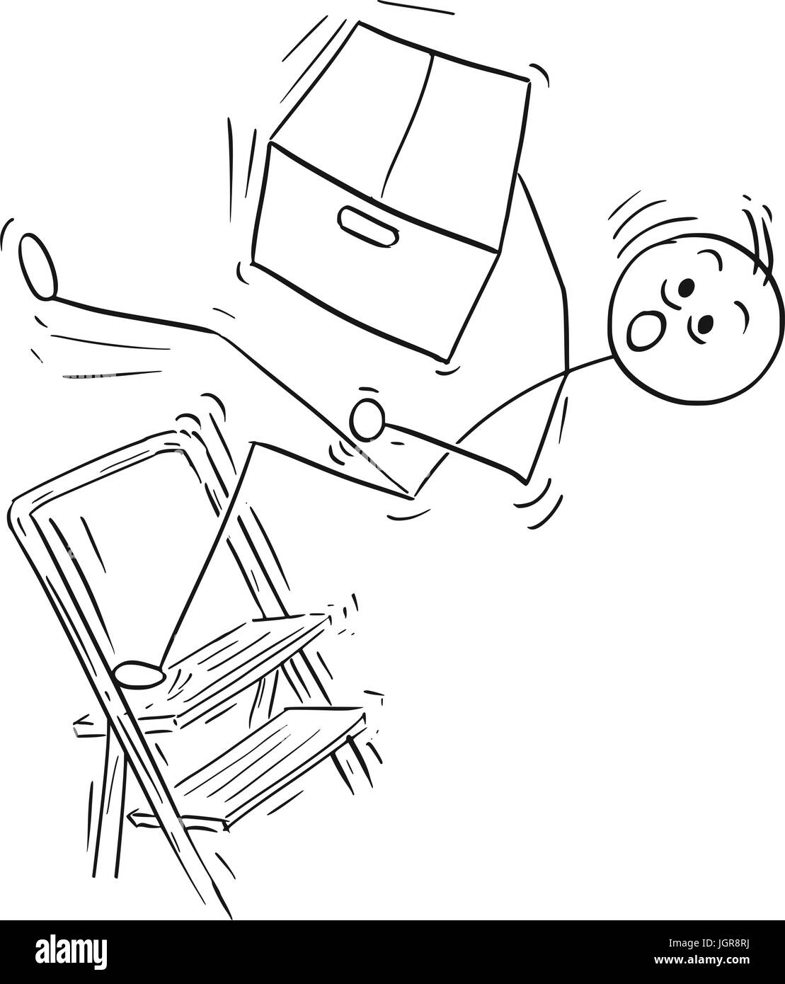 Cartoon Vector Stick Mann Stickman Zeichnung des Menschen halten große Pappschachtel und fallen von oben auf die Trittleiter Leiter. Stock Vektor