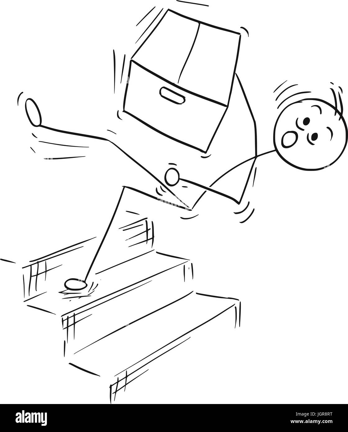 Cartoon Vector Stick Mann Stickman Zeichnung des Menschen halten große Pappschachtel und fallen vom oberen Rand der Treppe-Treppe-Treppe Stock Vektor