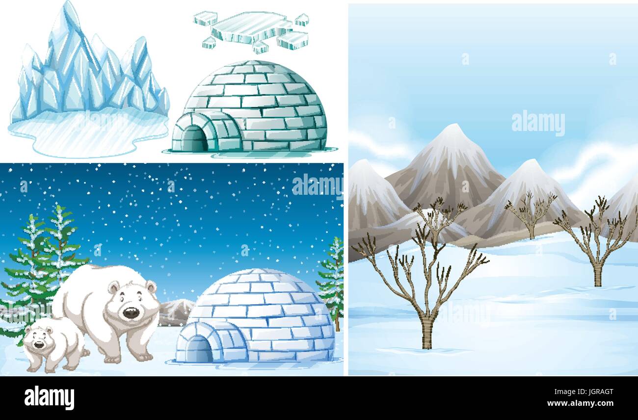Eisbären und Iglu auf Schnee Bereich illustration Stock Vektor