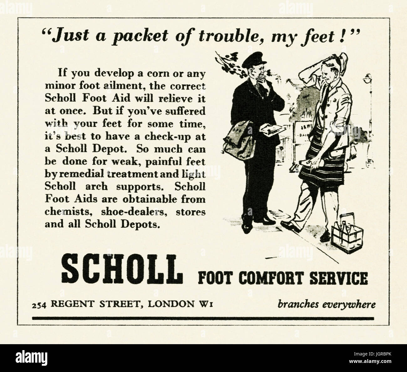 Eine Anzeige für Scholl fuss Aids - es in einer Zeitschrift in Großbritannien im Jahr 1947 veröffentlicht - die Anzeige bietet eine Darstellung der Briefträger und einen Milchmann auf Delivery Duty Stockfoto