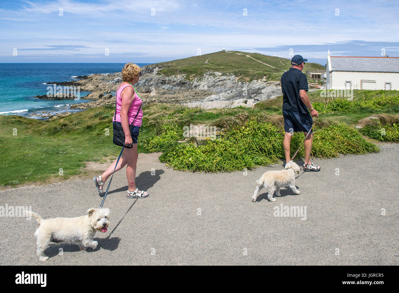 Hund Wanderer auf einem Fußweg auf der Landspitze in Newquay, Cornwall., Newquay, Cornwall. Stockfoto