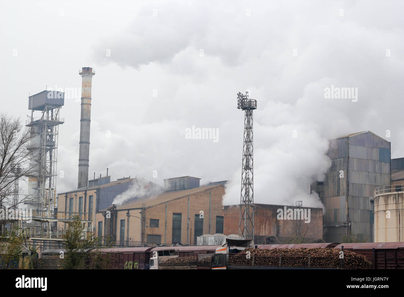 Die Verarbeitung von Zuckerrüben in der Zuckerfabrik. fabrikschloten weißer Rauch in die Luft. Stockfoto
