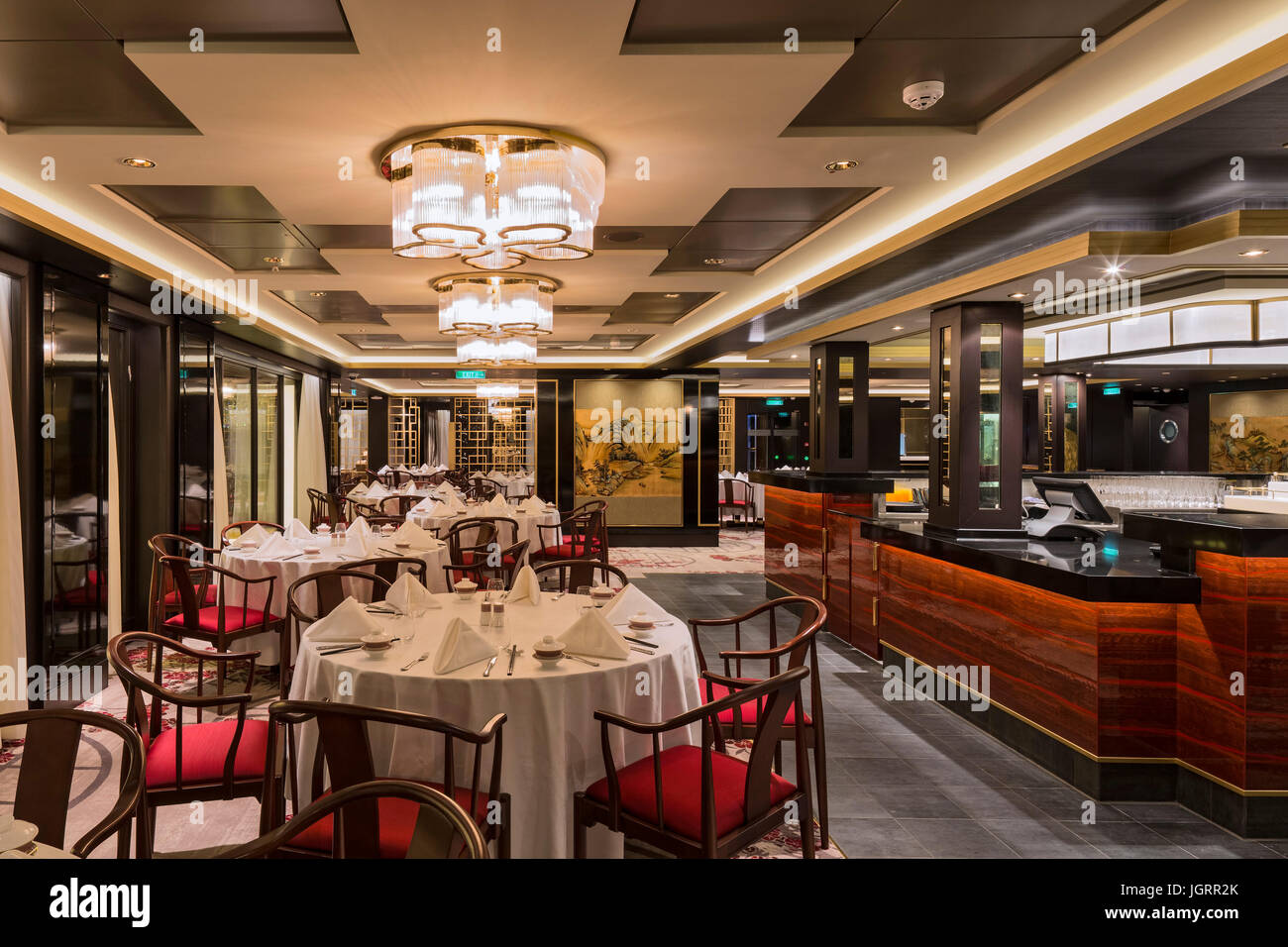 Chinesische Gourmetrestaurant. Genting Traum Kreuzfahrt Schiff, NA, China. Architekt: SMC Design, 2016. Stockfoto