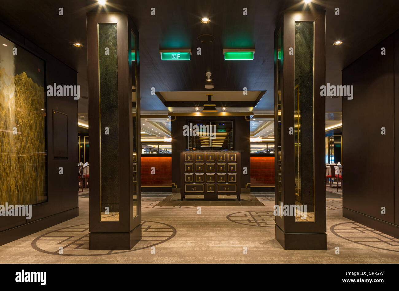 Rezeption, chinesische Gourmetrestaurant. Genting Traum Kreuzfahrt Schiff, NA, China. Architekt: SMC Design, 2016. Stockfoto