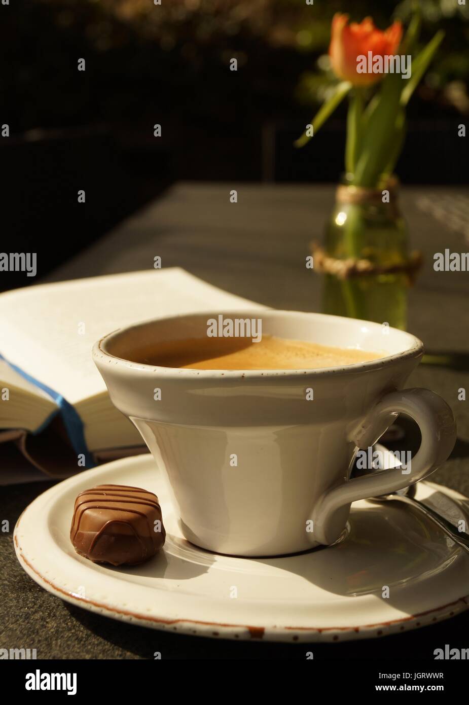 Haben Sie einen heißen Kaffee beim Lesen eines guten Buches Stockfoto