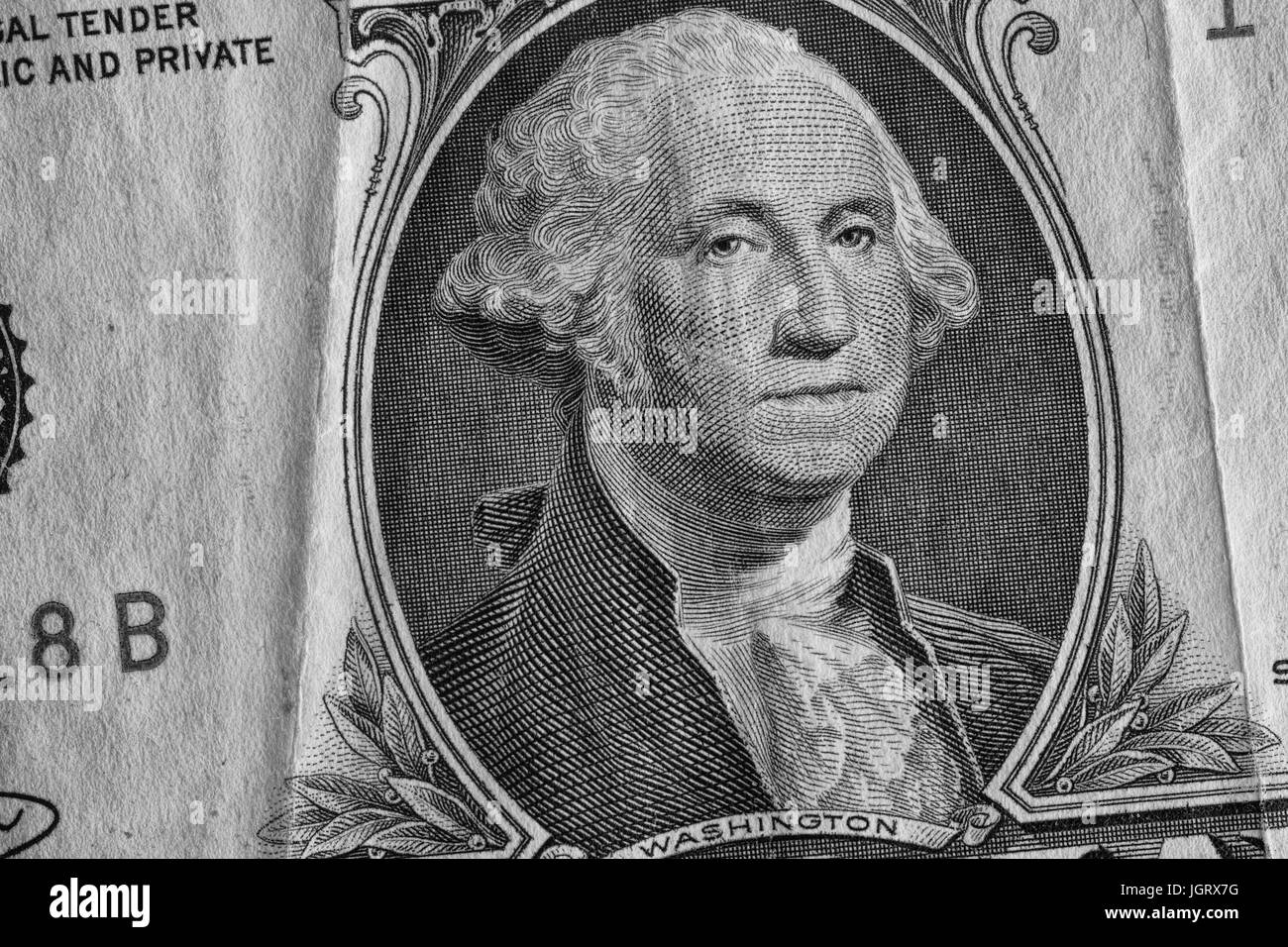 George Washington auf einer Dollarnote. Schwarz und weiß. Stockfoto