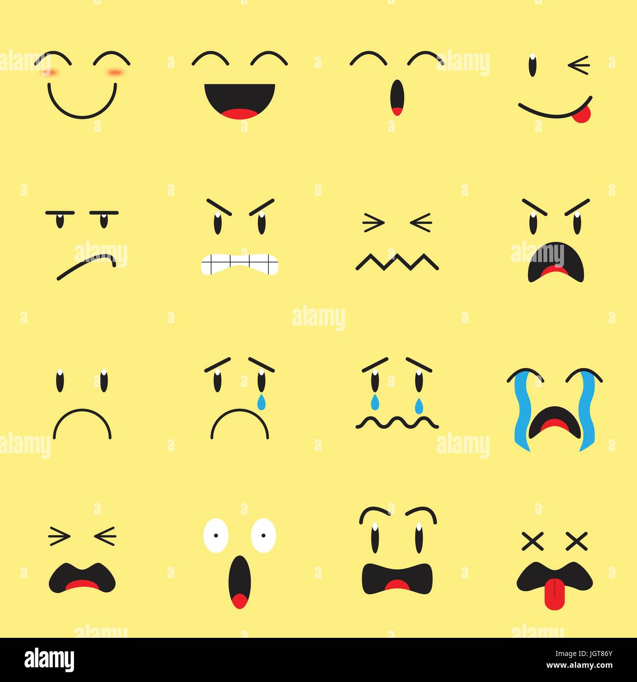 Cute Emoji auf gelbem Hintergrund als 4 Gruppen von Mimik, glücklich, wütend, traurig, erschrocken. Nützlich für Cartoon Gesicht emotionale Reaktion Stock Vektor