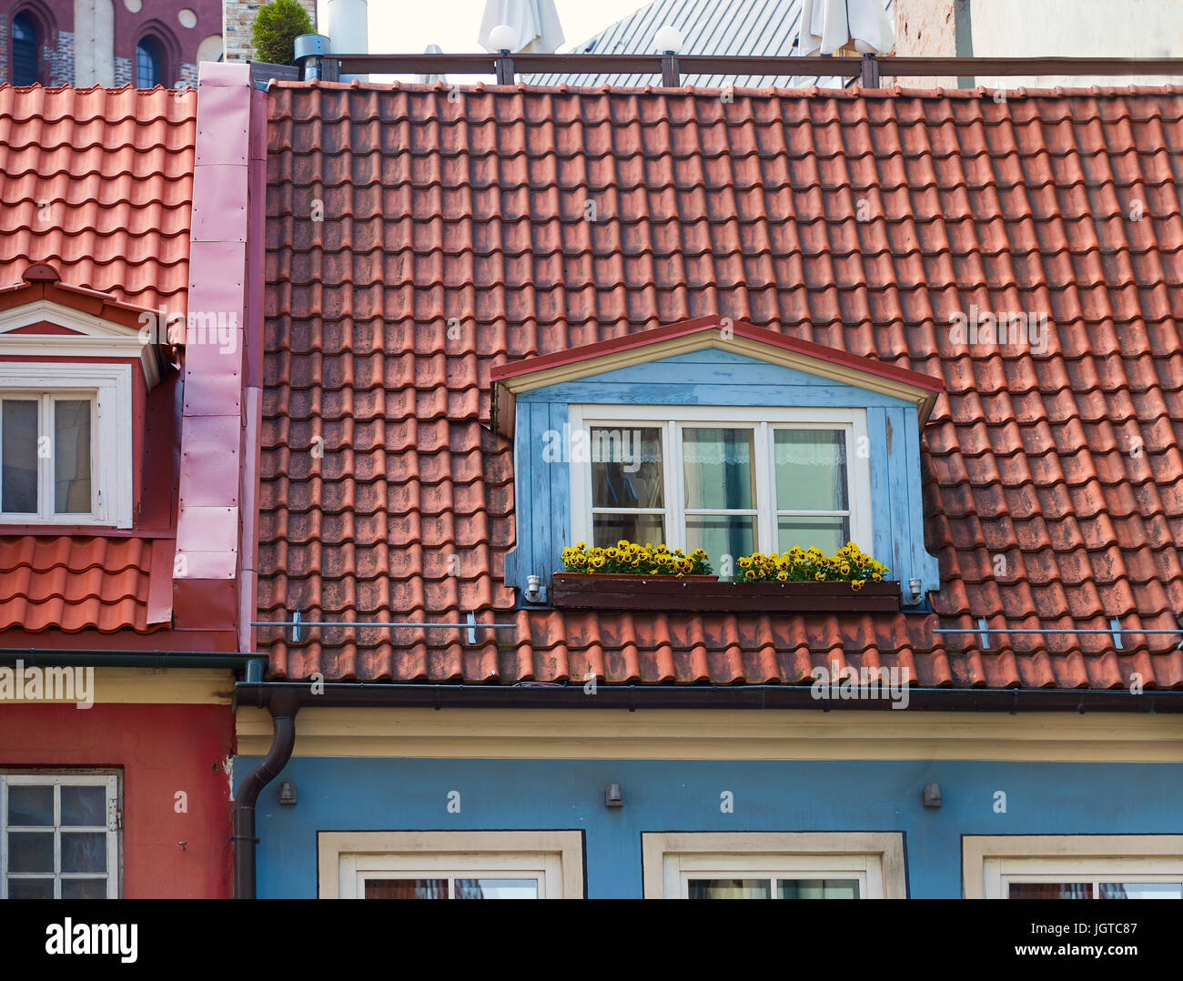 Fenster mit Blumen auf dem Dach eines alten Hauses in der Altstadt in Riga, Lettland Stockfoto