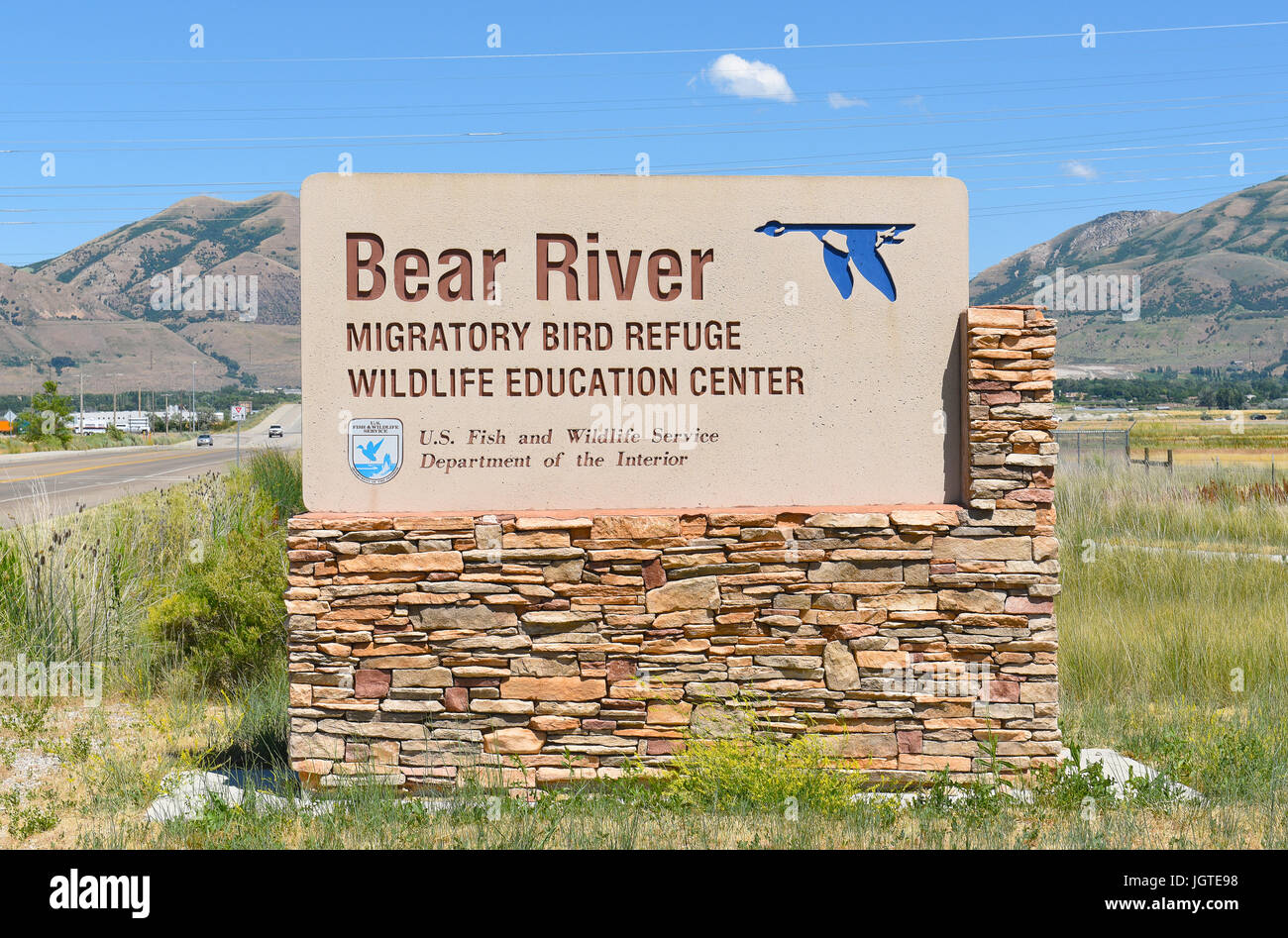 BRIGHAM CITY, Utah - Juni 28, 2017: Bear River Zugvogel Zuflucht zu unterzeichnen. Der Schutz umfasst die Bear River und sein Delta, wo es fließt in die Stockfoto