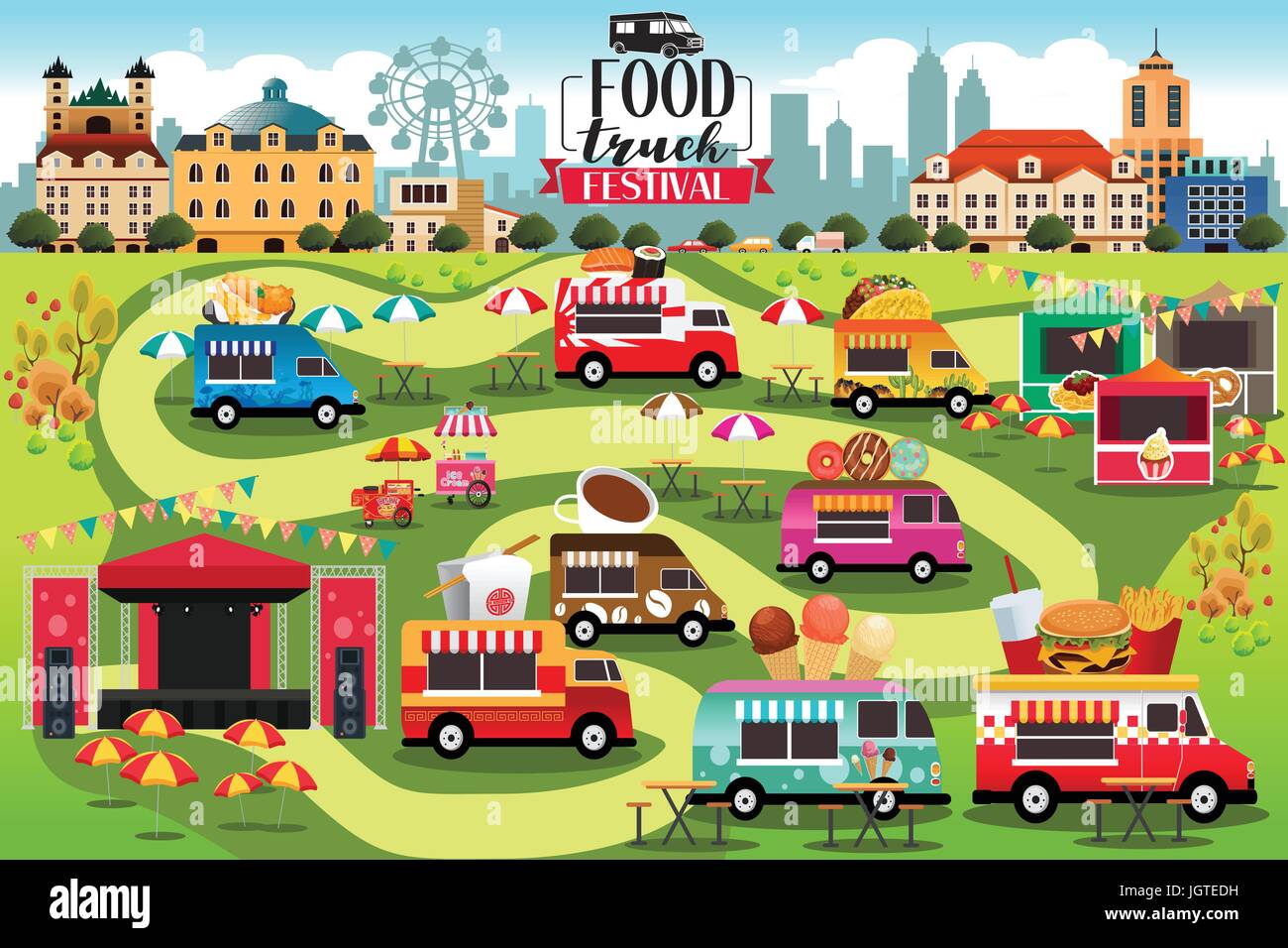 Eine Vektor-Illustration von Food Trucks Festival Karte Stock Vektor