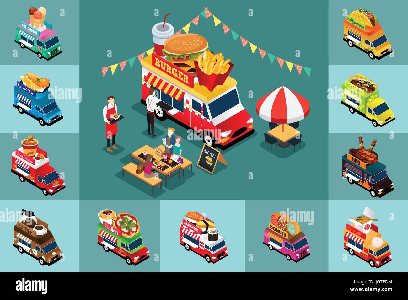 Eine Vektor-Illustration von isometrischen Design von verschiedenen Imbisswagen Stock Vektor
