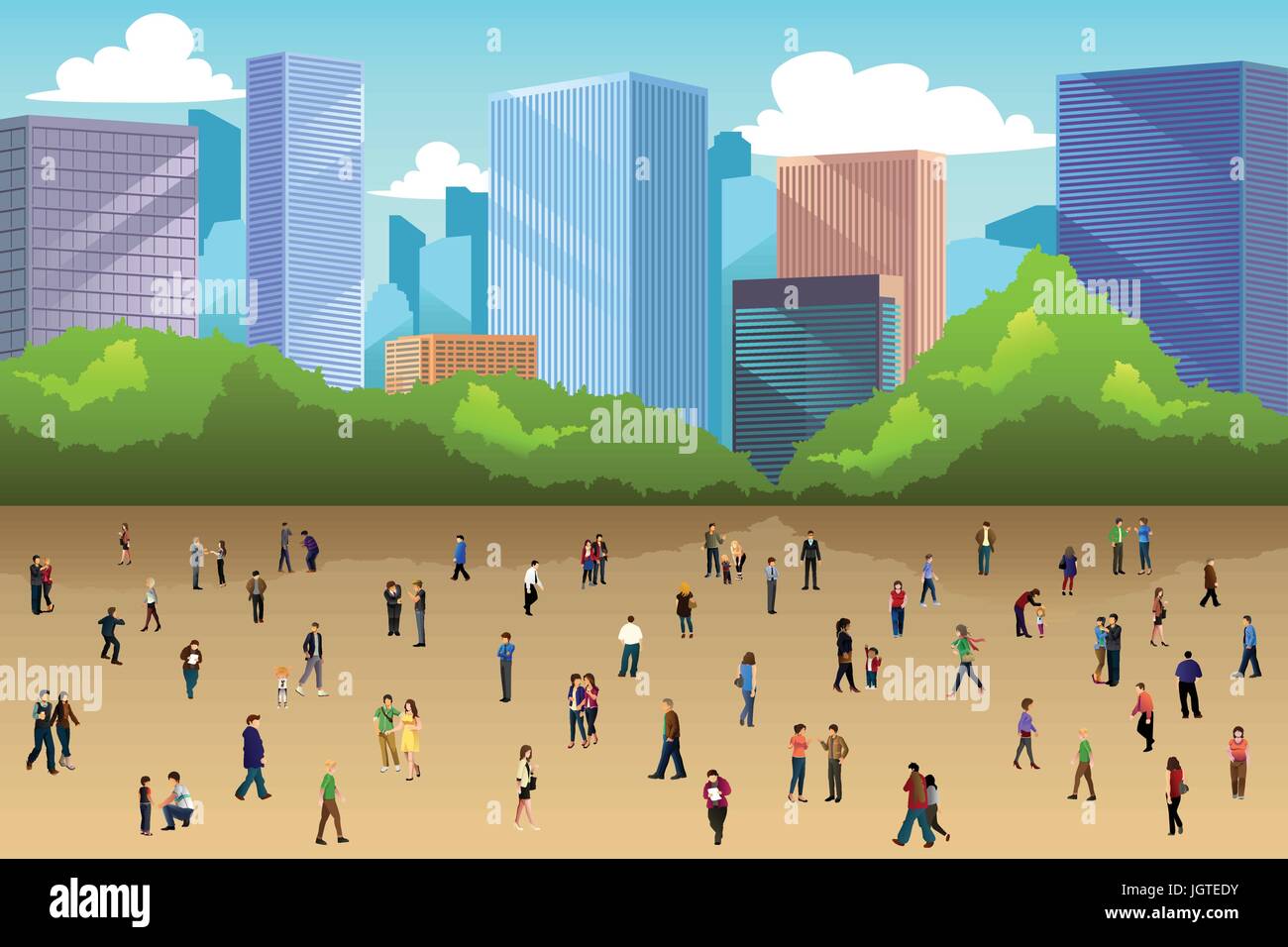 Eine Vektor-Illustration der Menge von Menschen in einem Park in der Stadt Stock Vektor