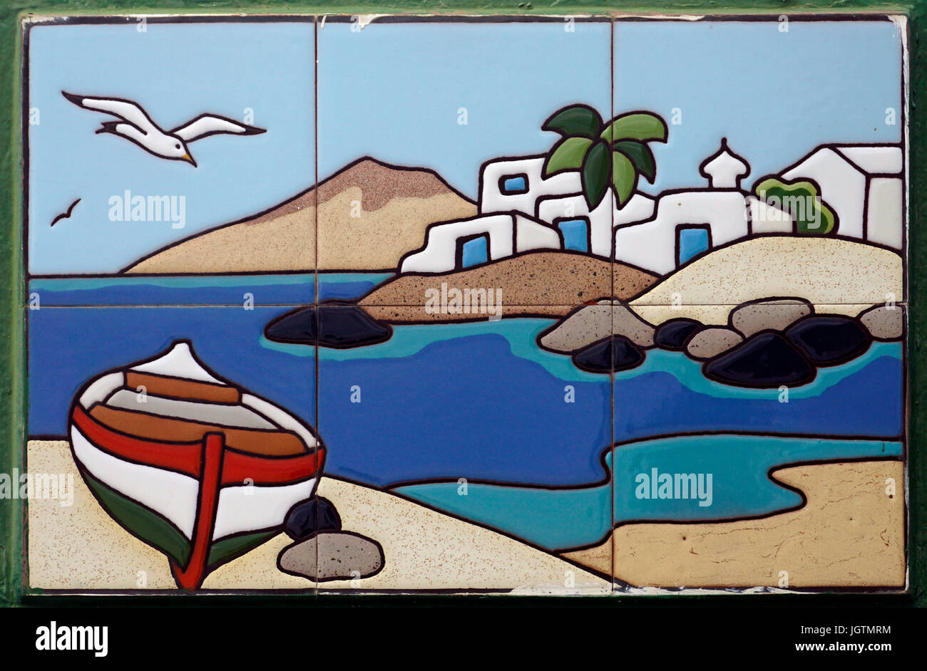 Fliese Bild zeigt eine Küste Landschaft mit Fischerboot, Insel Lanzarote, Kanarische Inseln, Spanien, Europa Stockfoto