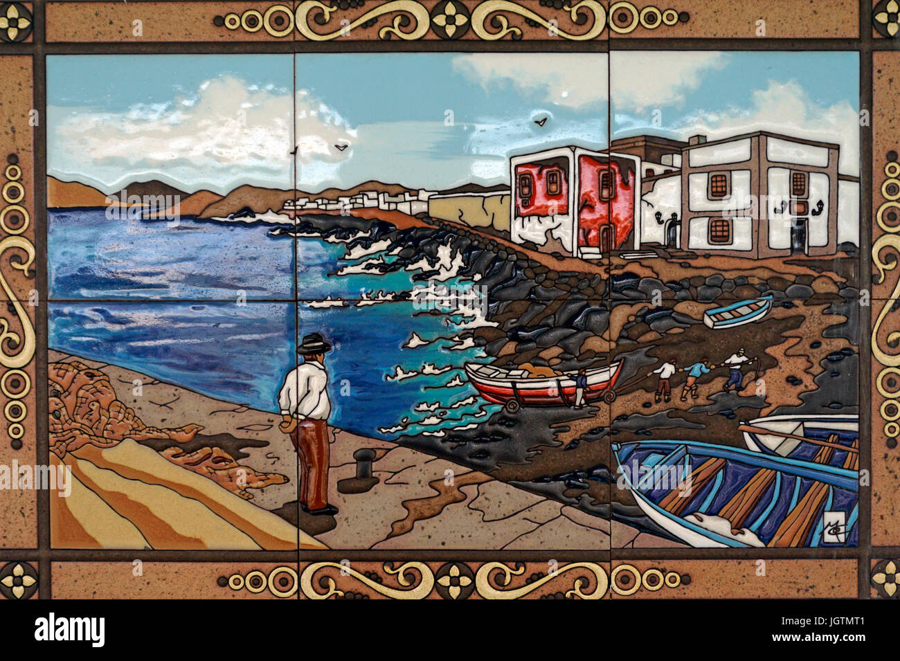 Fliese Bild zeigt eine Küste Landschaft mit Fischerbooten, Puerto del Carmen, Lanzarote, Kanarische Inseln, Spanien, Europa Stockfoto