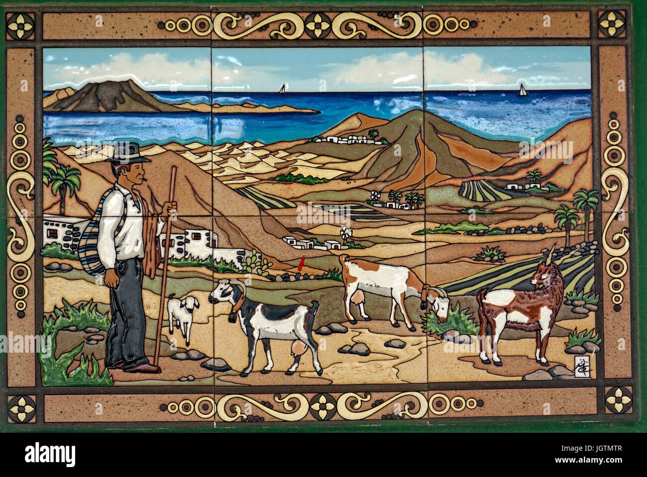 Fliese Bild zeigt einen Mann mit Ziegen, Landwirtschaft Szene, Insel Lanzarote, Kanarische Inseln, Spanien, Europa Stockfoto