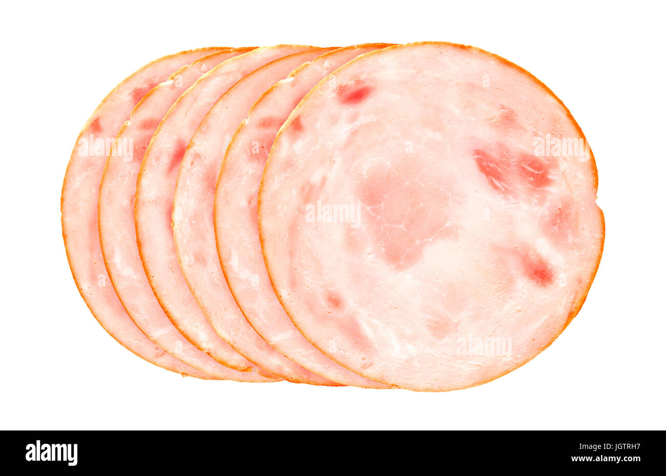 Scheiben von geräuchertem Schinken oder Wurst isoliert auf weißem, Top Aussicht Stockfoto